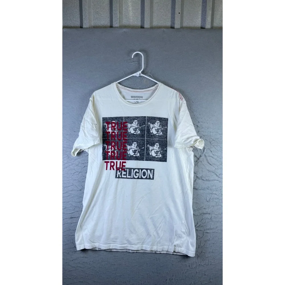 True Religion Graphic Tee Mens XL Cream Good Buddha Logo World Tour Short Sleeve